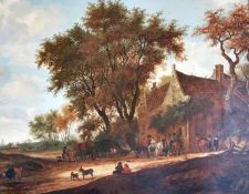 18th Century Dutch School
Oil on canvas 
Rural house scene with coach, horses and figures
97cm x