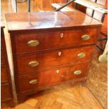 A mahogany small chest of drawers with three graduated drawers, ivory shield escutcheons,