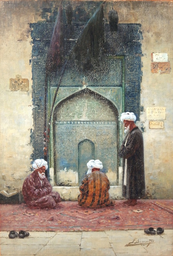 Richard Karlovich Zommer (1866-1939) 
Oil on canvas board 
Central Asian scene of figures of elderly