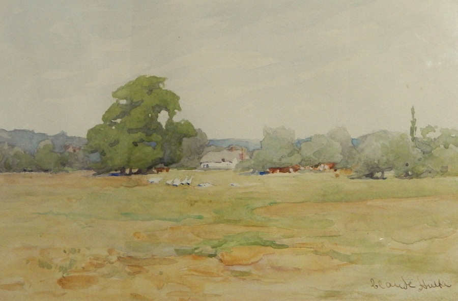 Claude Hulk (20th century) 
Watercolour drawing
Rural view of meadow with geese in a wooded