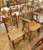 Wheel-back Windsor armchair with solid elm seat on turned legs together with a small oak occasional