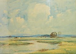 Edwin Harris (20th century) 
British watercolour
Extensive river landscape, of the Sussex Downs,
