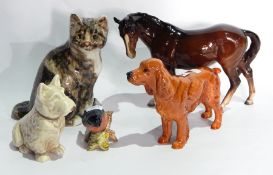Beswick pottery model horse, Sylvac pottery model dog and another, Beswick bullfinch No.