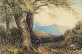 19th century watercolour showing two figures walking along a country path,