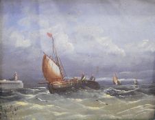 A Robins 
Oil on board 
Fishing boats off the coast, signed and dated 1881,