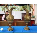 Pair brass Renaissance style ewer table lamps,