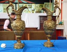 Pair brass Renaissance style ewer table lamps,