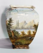 Continental pottery vase painted with woman with rake in woodland to one side and lake scene to the