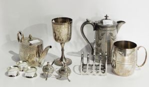 Quantity of silver plate to include cups, toast rack, teapot, jug, etc.