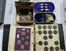 Bone handled sewing set, 1970 commemorative coin set,