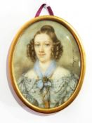 Hippolyte Chapon 
Miniature on ivory
Half-length portrait of Victorian lady wearing blue and white