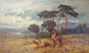 Henry Mearsham (1844-1922) 
Oil on canvas
"Feeding the Calf", highland landscape scene, possibly