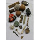 Miniature bone magnifying glass, semi precious stones and crystals, comb,