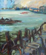 Wendy, Lady Batsford (1916-2007) 
Oil on canvas 
"River at Greenwich", river scene with moorings