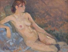 A Martindale
Oil on board
Study of female, nude, reclining on couch, signed, 19cm x 24cm  Live