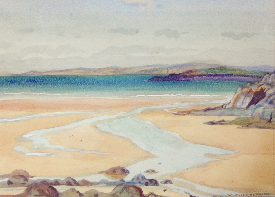 William Miles Johnston (1893-1974)
Watercolour 
Tributary running down the beach into the sea,