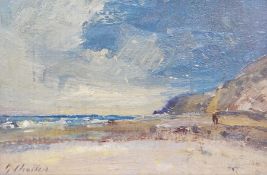 Geoffrey Chatten (b.1938) 
Oil on panel 
"Trimingham Beach" under a blue sky with white clouds,