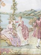 Reproduction Gobelin Brussels tapestry hanging depicting 18th century ladies and gentlemen on