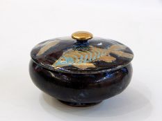 Robert Goldsmith earthenware covered trinket bowl decorated with gold and turquoise fish,