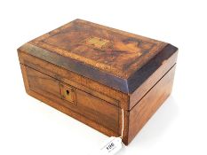 An early 20th century wooden sewing box with Tunbridgeware inlaid pattern and square brass