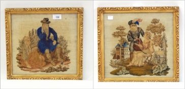 Two framed tapestries showing a couple, the lady playing a mandolin with a gentleman standing and