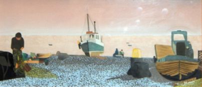 Terry Devereux 
Collage and gouache
"Mending Nets", 16.5cm x 38cm  Live Bidding: If you would like a