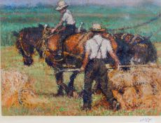 Keith Bowen RCA 
Pastel 
"Father and Son Harvesting Wheat", signed and labelled verso with Richard