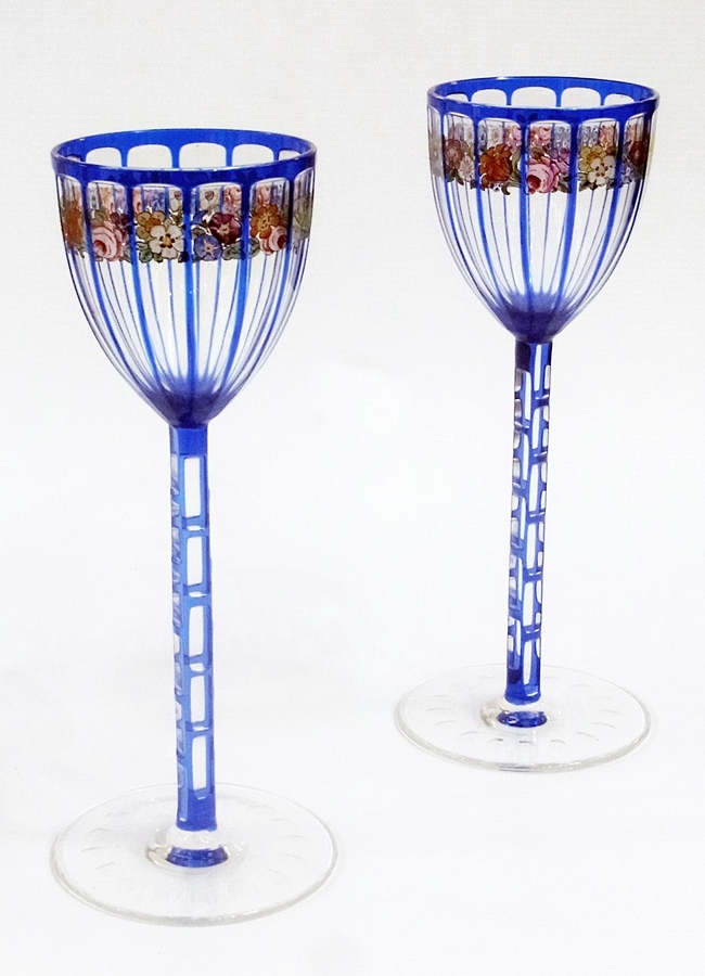 Pair Otto Prutscher for Meyr's Neffe painted cased and cut wine glasses,