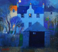 George Birrell (b.1950)
Oil" 
"Dusk", houses and gardens, Richard Hagen Gallery label verso, 39cm