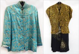 A Chinese style silk jacket in turquoise with frogging fastening and a Chinese style silk black