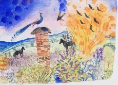 Anne Waddington 
Watercolour on paper
"Seven Sorrows", landscape with horses, peacocks and