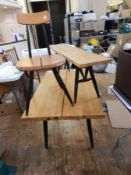 Ilmari Tapiovaara pine and ebonised wood table with matching bench and chair on turned tapering