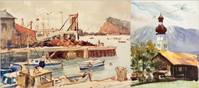 Harry Riley (1895-1966)
Two watercolours
"Austria 1958", labelled verso, 31.25cm x 24.5cm 
Alpine