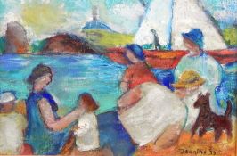 Jeanine 99 
Acrylic on board 
Women and children on an estuary bank with boat in background,
