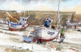 David Birtwhistle 
Watercolour drawing 
"Catchers, Mousehole", fishermen and fishing boats, signed