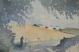 Morgan Hughes 
Watercolour 
Gloucestershire landscape, figure looking over a gate into the fields