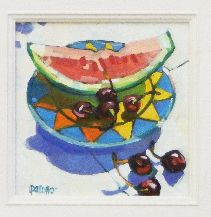 Lin Pattullo (b.1949) 
Oil on canvas
"Summer Still Life", study of watermelon and cherries, signed