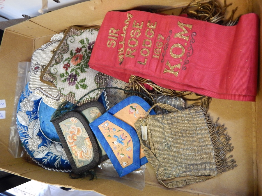 A selection of 1920's, etc beaded evening bags, two embroidered oriental style purses,