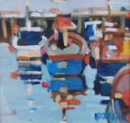 Lin Pattullo (b.1949) 
Oil on canvas 
"Harbour" with moored boats, signed, Richard Hagen Gallery