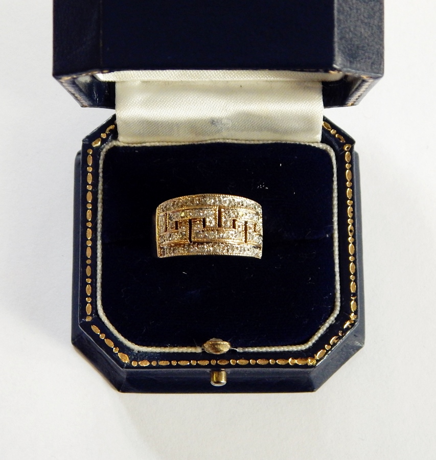 9ct gold set diamond Greek motif ring