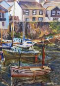 Chrissie Micklethwaite 
Oil on board
Harbour scene with moored boats, signed, 60cm x 44cm  Live