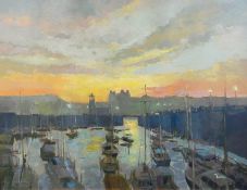 Tom Wanless ROI, RBA 
Oil on board
"Sunset over Scarborough Harbour", signed, 36.5cm x 46.5cm