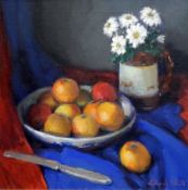 Edward Noott 
Oil on canvas
Still life with bowl of fruit and daisies in jug, signed, 44cm square