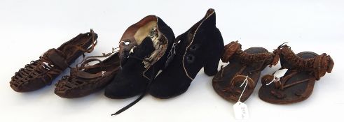 A pair of vintage suede high-heeled boots with laces, two pairs of leather Eastern-style sandals (