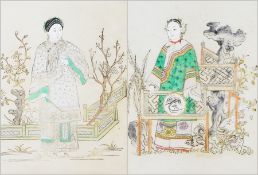 Pair Oriental watercolours
Woman holding fan in a garden, 18.5cm x 20.5cm and woman in gown standing