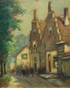 20th century continental school
Oil on board 
Figures in a street beside gable ended houses,