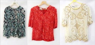 Three Frank Usher heavily embroidered evening tops, cream, red and black  Live Bidding: If you would