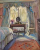 Elizabeth Parsons 
Oil on board
"Morning Sun", interior bedroom scene with dressing table, 50cm x