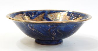 Robert Goldsmith earthenware bowl, circular, gold lustre fish decorated to mottled blue ground,