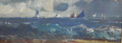 Geoffrey Chatten (b.1938) 
Oil on panel  
"Sails off Gorleston", signed, 14cm x 37cm  Live